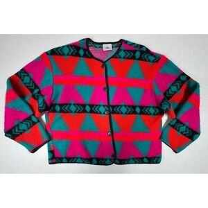 Vintage David Wayne Womens Small Southwest Fleece Cardigan Jacket Bright Boho EC